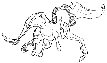 A line drawing of a pegasus in flight