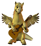 A small golden pegasus playing a ukulele